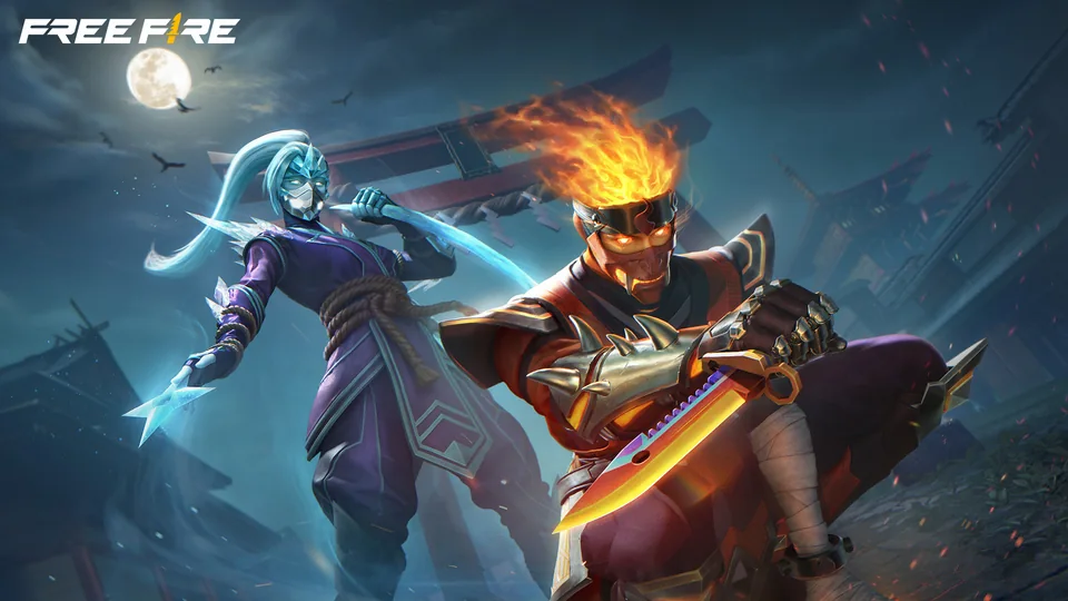 Official Free Fire artwork featuring two characters in contrasting outfits