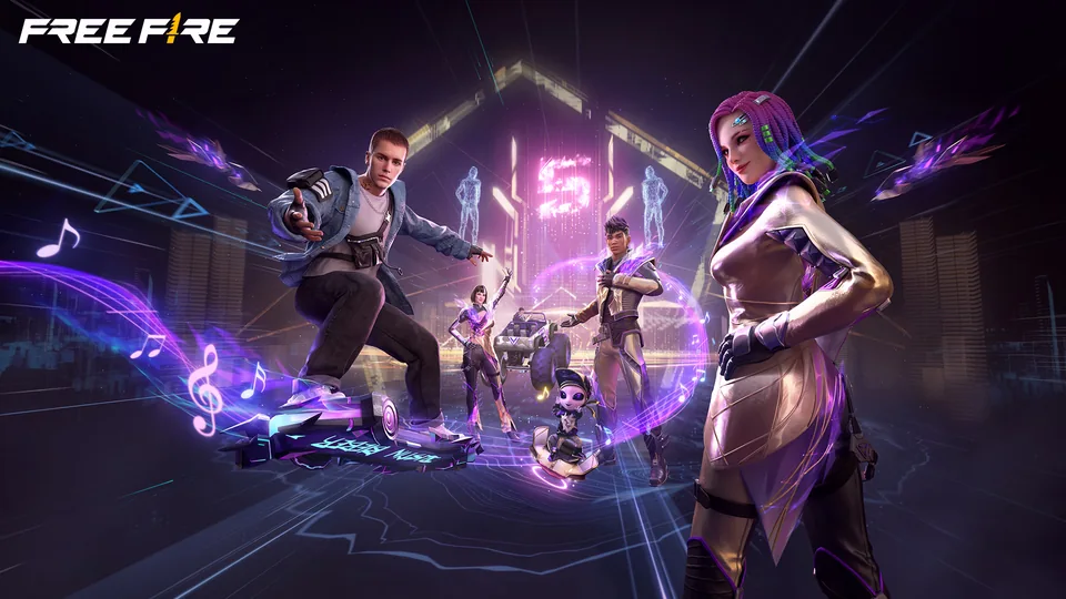 Official Free Fire character group in a neon arena