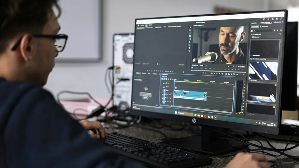 A person reviewing footage on a desktop video editing workstation