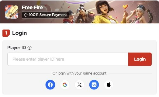 Garena Free Fire Top Up Center showing the Player ID field and Login action before a purchase